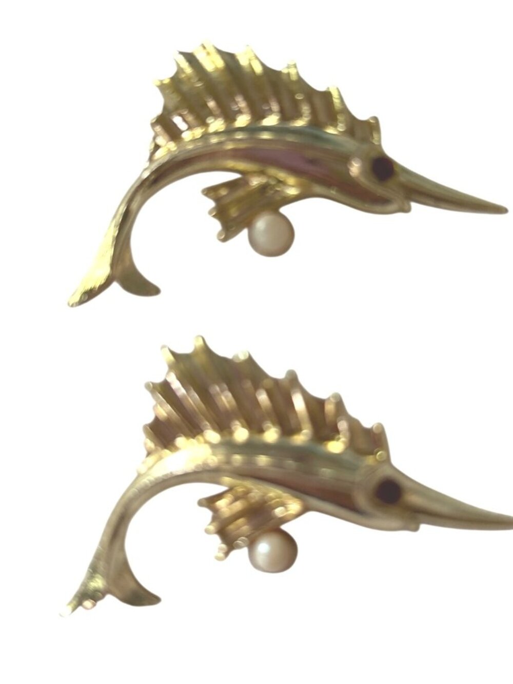 Vintage Gold-Tone Sailfish Brooch Pair Faux Pearl Red Stone Eye Retro Nautical